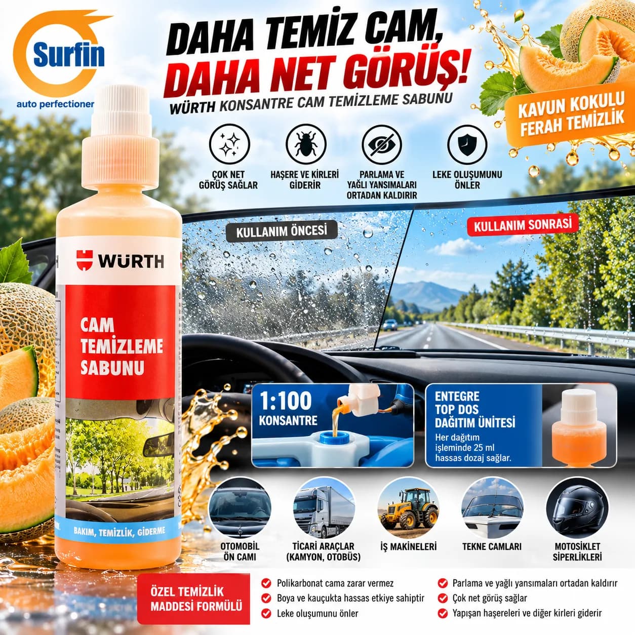 Würth Kavun Kokulu Cam Temizleme Sabunu 250 ML 0892333250