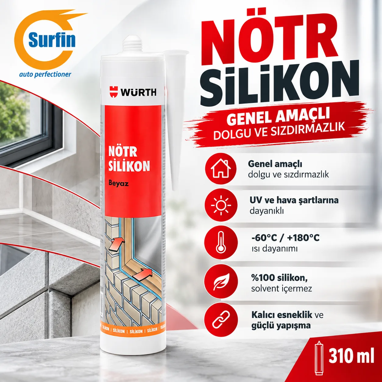 Würth Nötr Silikon Beyaz 310 ML 0892510002 ana görsel